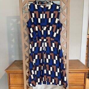 Milly Geometric Blue and Brown Sleeveless Dress